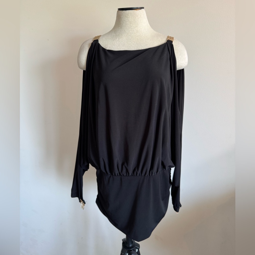 BOSTON PROPER Black Top Gold Chain Open Shoulder Blouse with Chains Large NWOT